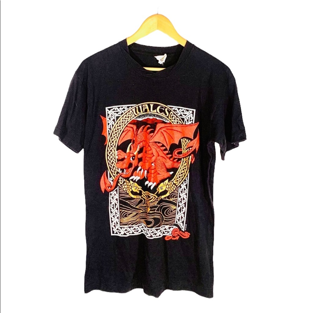 90’s Wales Red Dragon T-Shirt M | Vintage Heavy Black Cotton Welshman Tee Medium
